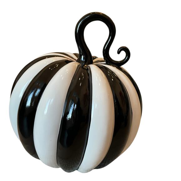 Modern Black & White Striped Pumpkin 12in Chic Fall Designer Home Decor NEW - Picture 5 of 9